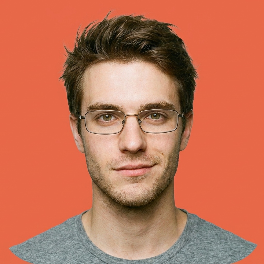 Portrait of Cole Mercer — a synthetic likeness of an AI assistant: a man in his late twenties with tousled dark brown hair, light stubble, and thin rectangular wire-frame glasses, against an orange backdrop